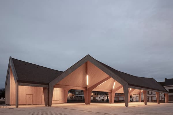 Architectural project - angular design, architectural landmark, open roof, architectural structure, natural materials, eco-friendly design, timber, raw materials, passive design, modular design, community space, urban landscape, contemporary style, sustainable architecture, grey, neutral tones, timber structure, exposed beams, beige, brown, wood facade, light wood, multifunctional space, Scandinavian influence, organic design, minimalist architecture, public space, gathering area, social hub, outdoor venue, geometric design, modern pavilion, sustainable building, timber cladding, Nordic style, inviting space, triangular roof
