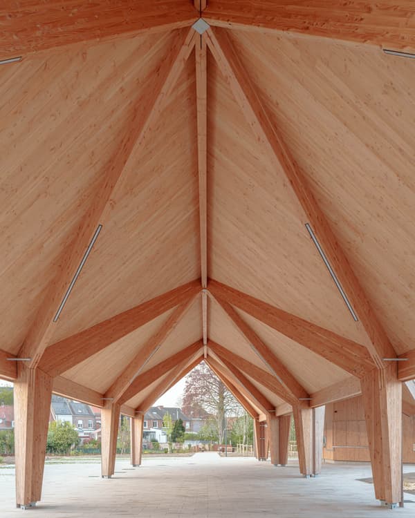 Architectural project - simple aesthetic, open air space, resilient design, minimal design, natural materials, wood, timber, natural light, passive design, sustainable design, warm tones, natural tones, eco design, exposed structure, contemporary style, neutral tones, daylight, wooden ceiling, beige, brown, light wood, open design, eco friendly, Scandinavian influence, wooden beams, timber construction, honey wood, timber beams, neutral palette, community hub, outdoor pavilion, public space, gathering area, pavilion, urban design, raw wood, wood structure, landscape integration, timber cladding, modern architecture, timber ceiling, inviting space, wooden facade, bright space, nordic influence, structural rhythm