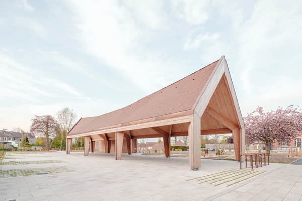Architectural project - minimal intervention, gathering place, minimal style, timber pavilion, terracotta roof, communal area, structural clarity, suburban setting, natural materials, wood, timber, passive design, eco design, community space, urban landscape, exposed beams, light wood, eco friendly, Scandinavian influence, airy design, outdoor structure, honey wood, wood beams, timber beams, serene atmosphere, contemporary design, neutral palette, minimalist design, outdoor seating, pavilion, sustainable structure, tranquil setting, raw wood, natural finish, modern pavilion, green architecture, low carbon, clean lines, light filled, Nordic design, beige tones, pitched roof, open pavilion, warm vibe, gabled roof, soft tones, green space, welcoming space, clay tiles