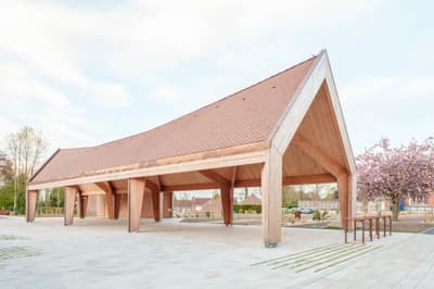 Architectural project - timber columns, tiled roof, terracotta tiles, wood columns, spacious, modern elegance, public pavilion, natural materials, wood, timber, natural light, passive design, sustainable design, warm tones, eco design, community space, sustainable architecture, neutral tones, timber structure, exposed beams, beige, brown, light wood, eco friendly, outdoor structure, honey wood, wood beams, contemporary design, Scandinavian style, minimalist design, wooden pavilion, public space, pavilion, modern pavilion, circular design, modern architecture, Nordic style, inviting space, wood texture, pitched roof, outdoor gathering, terracotta, outdoor shelter, open air, gabled roof, bright space, open space, clean design, airy