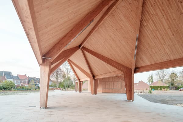 Architectural project - timber pavilion, community area, ceiling structure, natural materials, sustainable materials, wood, timber, outdoor space, natural light, passive design, warm tones, modular design, eco design, green building, sustainable architecture, neutral tones, timber structure, exposed beams, daylight, beige, brown, light wood, engineered wood, eco friendly, wooden beams, timber construction, honey wood, timber beams, contemporary design, minimalist design, outdoor pavilion, public space, gathering area, event space, lightweight structure, geometric design, modern pavilion, wood structure, warm ambiance, inviting space, open pavilion, architectural lines