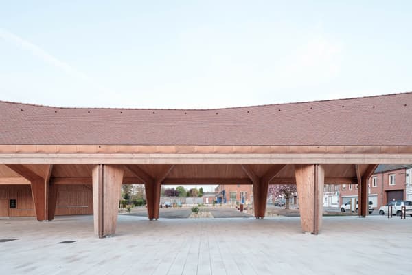 Architectural project - timber columns, public gathering, blending with nature, contemporary rural, timber pavilion, terracotta roof, vernacular style, natural materials, eco-friendly design, wood, timber, warm tones, exposed structure, community space, gathering space, beige, brown, light wood, open air design, natural setting, wooden beams, outdoor structure, rural architecture, simple design, timber beams, wooden pavilion, public space, social hub, sustainable structure, minimalist structure, structural wood, landscape integration, open plan, earthy tones, clay, pitched roof, traditional architecture, wooden roof, terracotta, open pavilion, architectural contrast, clay tiles