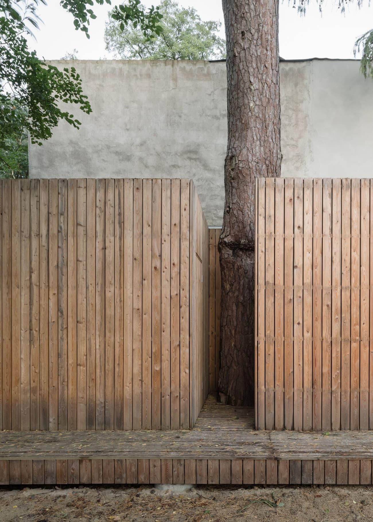 Architectural project - rustic elegance, architectural landmark, built around tree, natural harmony, landscape synergy, wooden path, quiet escape, natural materials, serene environment, eco-friendly design, wood, timber, raw materials, outdoor space, privacy screen, sustainable design, landscape architecture, beige, brown, wood facade, timber facade, exterior design, natural textures, contemporary design, minimalist design, modern rustic, biophilic design, clean lines, earthy tones, nature-inspired, woodland setting, organic architecture, garden design, tree integration, wooden cladding, wooden structure, seamless integration, outdoor retreat, vertical cladding, simple form, exterior cladding