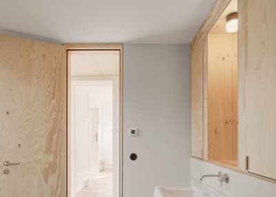 Architectural project - relaxed style, minimal bathroom, small bathroom, calm vibe, white bathroom, elegant space, home bathroom, residential bathroom, new home, bathroom vanity, minimal design, indoor space, natural materials, soft lighting, wood, raw materials, natural light, inviting atmosphere, sustainable design, warm tones, neutral tones, functional space, daylight, plywood, beige, light wood, natural wood, eco friendly, simple design, honey wood, serene atmosphere, Scandinavian style, eco materials, passive house, clean lines, white walls, white, cozy vibe, Nordic style, compact design, bright interior, efficient layout, renovation, modern bathroom, plywood interior, warm aesthetic, Japandi style, wood door, remodel, wood finish