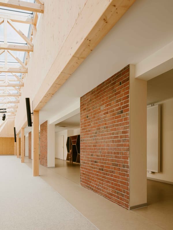Architectural project - passageway, brick wall, indoor walkway, cozy interior, natural materials, wood, timber, natural light, sustainable design, glass, warm tones, modern vibe, neutral tones, exposed beams, functional space, beige, daylight optimization, contemporary design, industrial touch, Scandinavian style, light brown, minimalist design, adaptable space, natural ventilation, clean lines, Nordic design, modern architecture, timber ceiling, inviting space, brick, brick facade, eco-friendly building, bright interior, wood ceiling, structural elements, hallway, skylight, open corridor, communal space