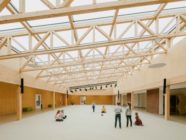 Architectural project - eco-friendly design, wood, timber, natural light, eco-conscious, glass, warm tones, green building, contemporary architecture, neutral tones, timber structure, daylight, beige, light wood, modern aesthetic, functional design, recreational space, wood beams, Scandinavian style, gathering area, community center, sustainable building, light filled, timber cladding, Nordic design, landscape view, inviting space, spacious interior, airy atmosphere, educational space, skylight, minimalist interior, play area, family-friendly, wooden walls
