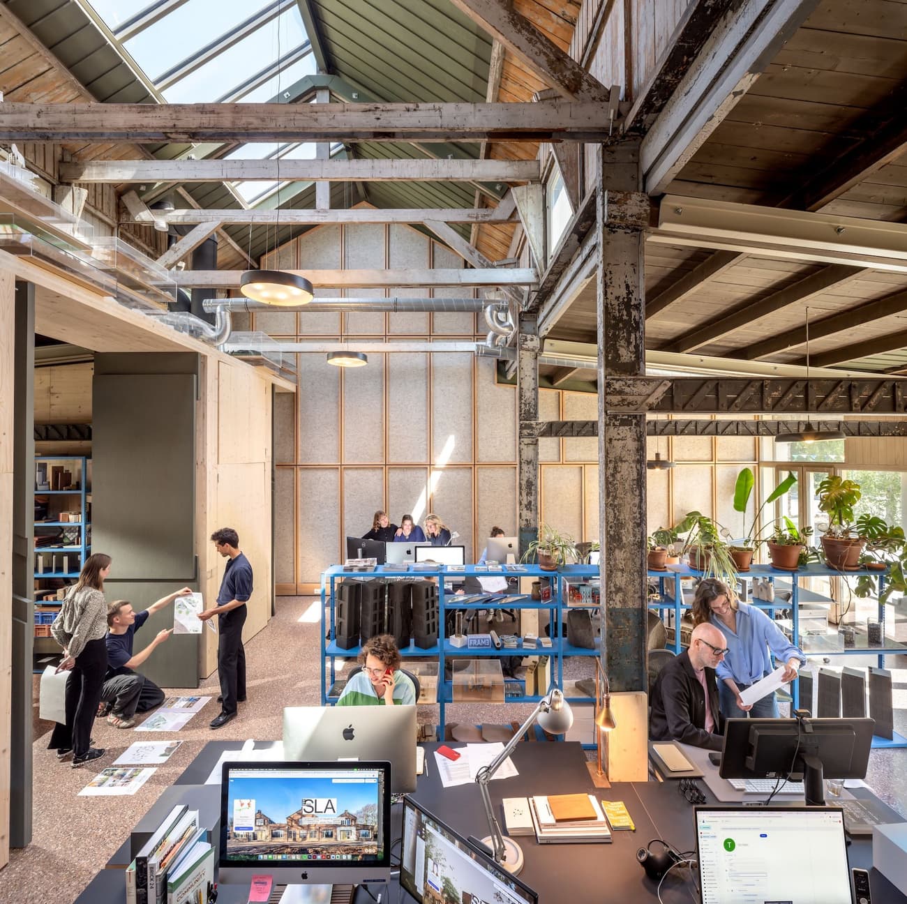 Architectural project - mixed use, flexible space, modern industrial, industrial office, exposed ductwork, loft style, collaborative space, creative studio, workspace design, vintage vibe, rustic industrial, urban workspace, open workspace, glass ceiling, wood, raw materials, steel, metal, natural light, sustainable design, glass, grey, green, exposed beams, daylight, beige, concrete, multifunctional space, eco friendly, sunlight, rustic vibe, natural textures, black, steel structure, adaptable space, industrial chic, biophilic design, earthy tones, concrete floor, open shelving, minimalism, skylight, indoor plants, informal seating