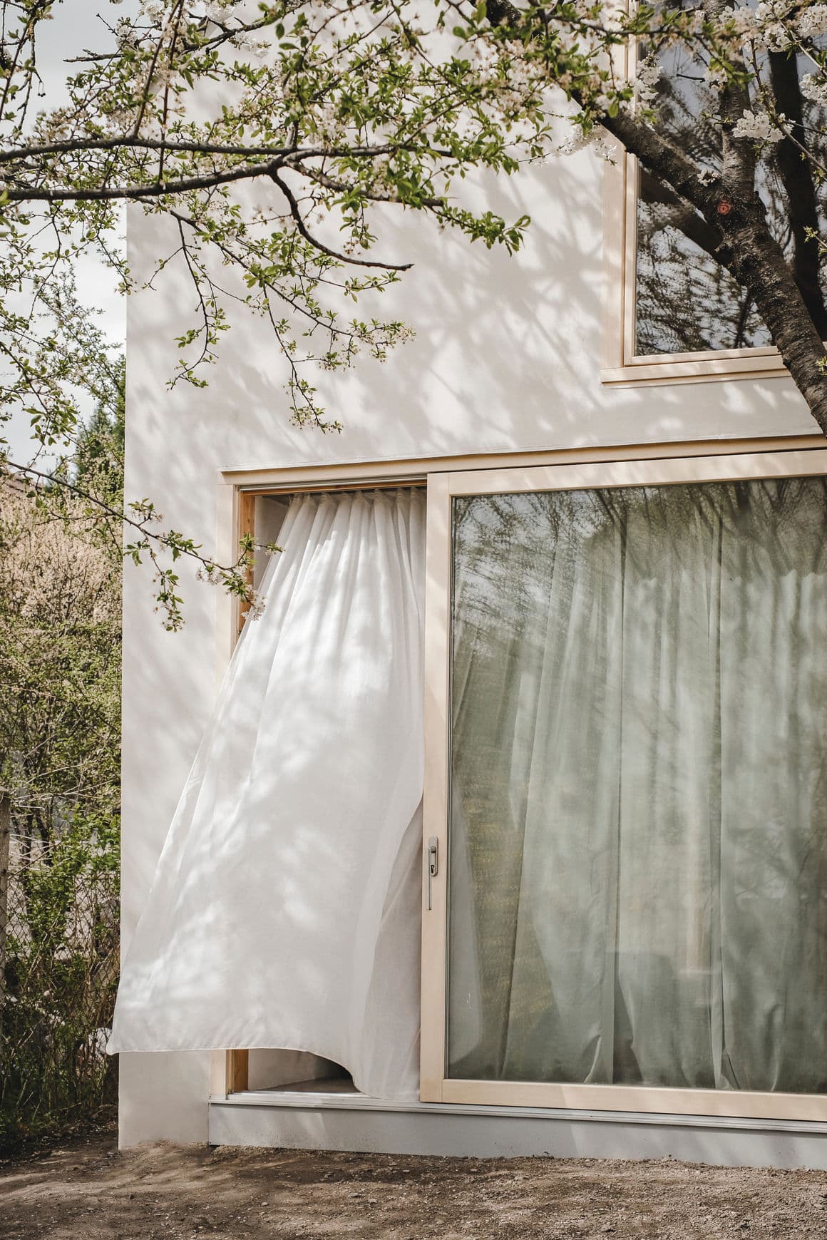Architectural project - beige accents, bright facade, plaster exterior, tree shadow, outdoor scene, serene vibe, calming atmosphere, eco-friendly design, timber, wooden frame, natural light, warm tones, contemporary architecture, sustainable architecture, beige, minimalist facade, light wood, airy design, urban oasis, simple design, Scandinavian style, neutral palette, minimalist design, tranquil setting, eco home, clean lines, white facade, indoor outdoor, white, large window, energy efficient, plaster, inviting space, garden view, nature integration, modern home, glass door, nordic influence, seamless transition, comfortable living, white exterior, sliding door, floor to ceiling, connection to nature, relaxing home, picture window, Japandi style, modern house