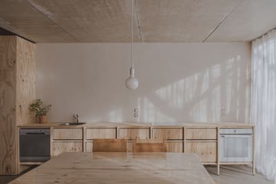 Architectural project - concrete ceiling, plant decor, refurbishment, relaxing atmosphere, integrated appliances, wood cabinets, minimal design, timber, natural light, sustainable design, warm tones, eco design, neutral tones, daylight, plywood, beige, concrete, light wood, modern aesthetic, honey wood, minimalist vibe, Scandinavian style, neutral palette, serene space, clean lines, white, cozy vibe, Nordic style, open layout, wooden table, dining table, greenery, minimalist kitchen, modern kitchen, bright space, compact kitchen, simple decor, pendant light, warm lighting, indoor plant, kitchen, Japandi style, airy kitchen, kitchen renovation