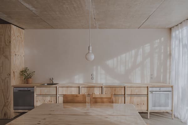 Architectural project - concrete ceiling, plant decor, refurbishment, relaxing atmosphere, integrated appliances, wood cabinets, minimal design, timber, natural light, sustainable design, warm tones, eco design, neutral tones, daylight, plywood, beige, concrete, light wood, modern aesthetic, honey wood, minimalist vibe, Scandinavian style, neutral palette, serene space, clean lines, white, cozy vibe, Nordic style, open layout, wooden table, dining table, greenery, minimalist kitchen, modern kitchen, bright space, compact kitchen, simple decor, pendant light, warm lighting, indoor plant, kitchen, Japandi style, airy kitchen, kitchen renovation
