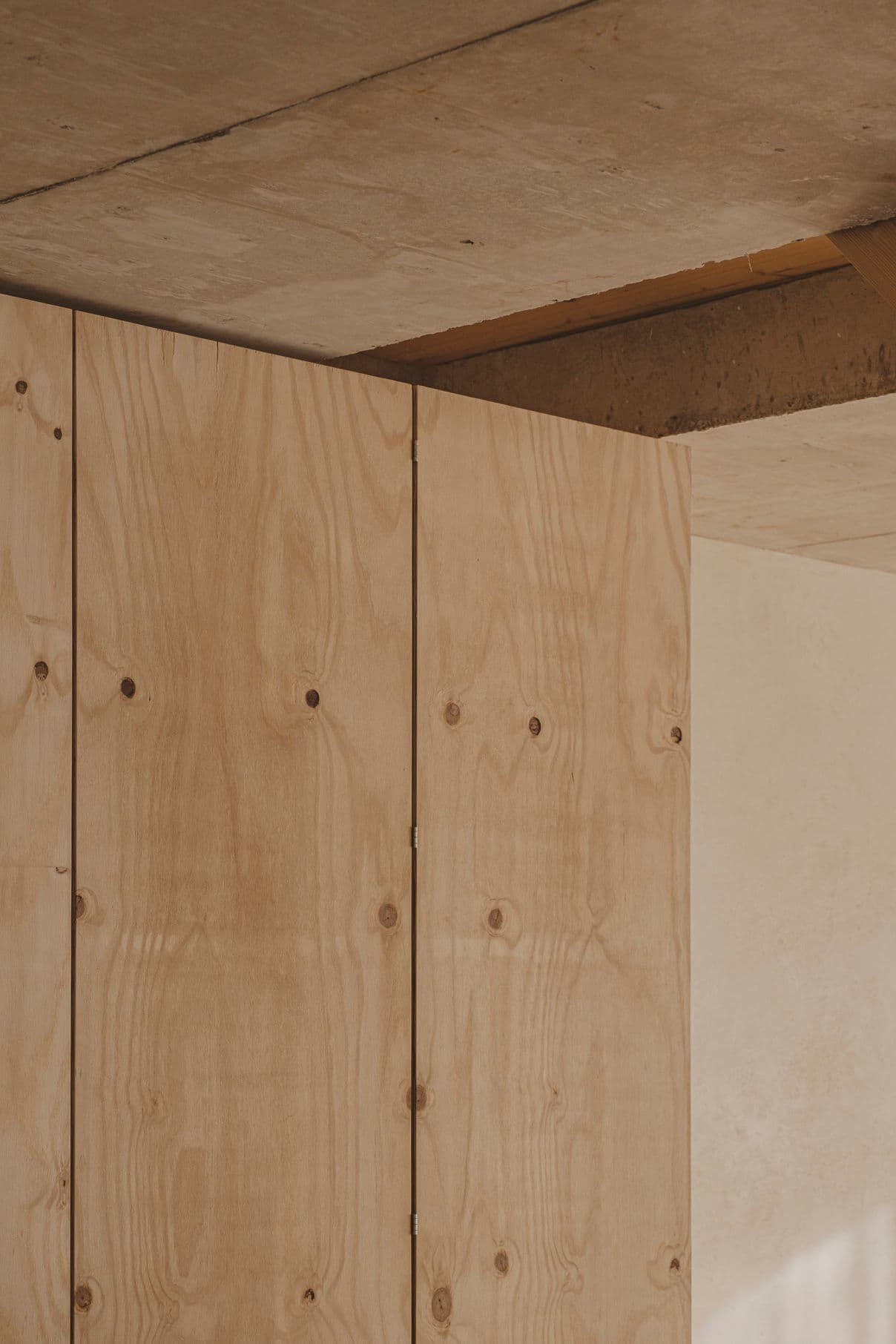 Architectural project - open ceiling, unfinished look, plywood walls, concrete ceiling, understated style, raw interior, modern space, material texture, natural materials, wood, timber, raw materials, relaxed vibe, sustainable design, warm tones, neutral tones, plywood, industrial vibe, concrete, timber detail, industrial style, eco friendly, simple design, architectural texture, calming interior, industrial touch, Scandinavian style, neutral palette, contemporary interior, minimalist design, unfinished interior, modern rustic, clean lines, Nordic style, wood walls, airy space, open plan, inviting space, wood texture, cozy atmosphere, warm vibe, residential space, interior design, airy feel, natural finishes, exposed ceiling
