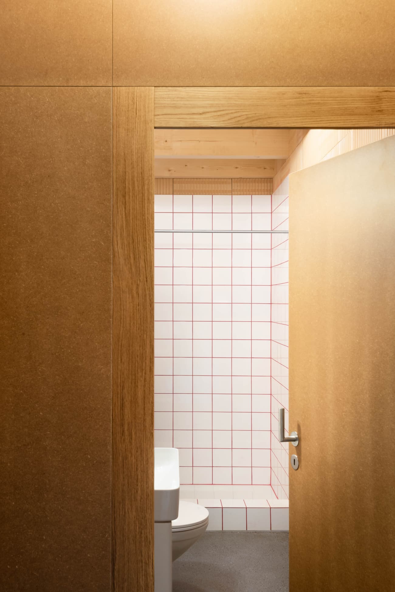 Architectural project - plywood walls, subtle design, cozy bathroom, small bathroom, home bathroom, residential bathroom, smooth surface, grid pattern, minimalist bathroom, compact bathroom, geometric tiles, intimate space, natural materials, architectural detail, timber, wooden frame, timber frame, sustainable design, warm tones, neutral tones, functional space, plywood, beige, brown, light wood, natural wood, functional design, eco friendly, simple design, honey wood, contemporary design, eco materials, clean lines, white, earthy tones, warm atmosphere, minimalist space, modern home, wooden texture, sleek design, practical space, timeless design, interior space, modern bathroom, eco bathroom, white tiles, tiled wall, ceramic tiles, timber door, wooden door, red