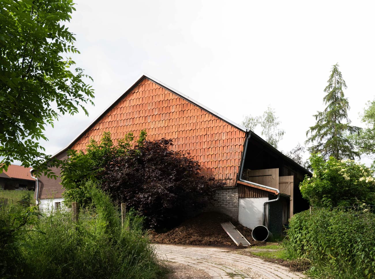 Architectural project - brick wall, brickwork, cottage vibe, garden, agricultural building, country house, red tiles, vintage feel, terracotta roof, vernacular style, farmhouse, lush landscape, natural materials, outdoor space, sustainable design, warm tones, simple structure, green, brown, eco friendly, rural architecture, natural palette, earthy tones, pitched roof, terracotta, rustic facade, red brick, greenery, natural environment, traditional style, rustic barn, gable roof, garden path, foliage, rural retreat, countryside setting, clay tiles, red