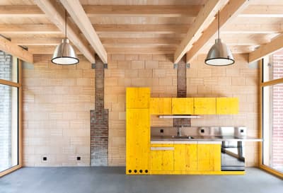Architectural project - steel elements, loft style, bold colors, contemporary kitchen, brick wall, polished concrete, pendant lights, wooden kitchen, industrial lighting, colorful kitchen, sustainable materials, wood, timber, steel, natural light, yellow, warm tones, modern vibe, grey, neutral tones, exposed beams, daylight, concrete, light wood, modern aesthetic, industrial style, functional design, eco friendly, modern design, honey wood, wood beams, natural textures, industrial touch, glass doors, vibrant colors, urban design, clean lines, large windows, Nordic design, textured wall, timber kitchen, airy space, open plan, brick, minimalist kitchen, sleek design, kitchen island, bright space, concrete floor, kitchen