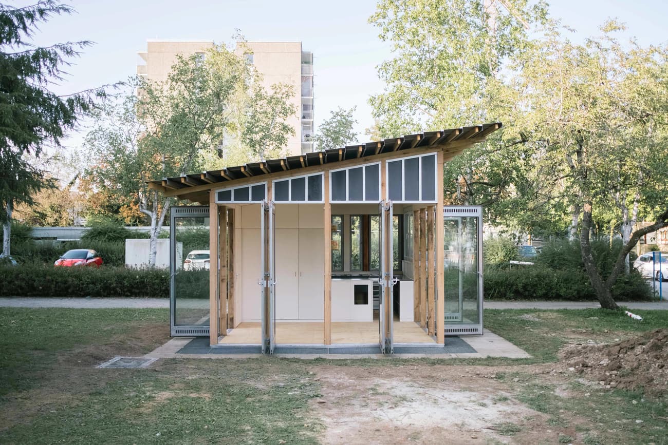 Architectural project - modular architecture, airy structure, compact structure, sustainable materials, timber, steel, timber frame, outdoor living, passive design, glass, eco design, transparent walls, community space, simple structure, urban park, gathering space, beige, natural wood, low carbon design, open design, daylight optimization, eco friendly, contemporary design, minimalist design, neutral colors, minimal structure, outdoor pavilion, pavilion, lightweight structure, modular pavilion, modern pavilion, light tones, sustainable building, natural ventilation, light filled, wood frame, nature connection, biophilic architecture, small pavilion, wooden structure, open space, green space, urban garden, glass facade, clear glass
