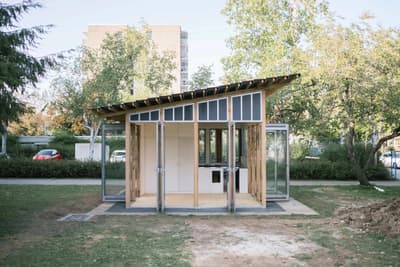 Architectural project - modular architecture, airy structure, compact structure, sustainable materials, timber, steel, timber frame, outdoor living, passive design, glass, eco design, transparent walls, community space, simple structure, urban park, gathering space, beige, natural wood, low carbon design, open design, daylight optimization, eco friendly, contemporary design, minimalist design, neutral colors, minimal structure, outdoor pavilion, pavilion, lightweight structure, modular pavilion, modern pavilion, light tones, sustainable building, natural ventilation, light filled, wood frame, nature connection, biophilic architecture, small pavilion, wooden structure, open space, green space, urban garden, glass facade, clear glass
