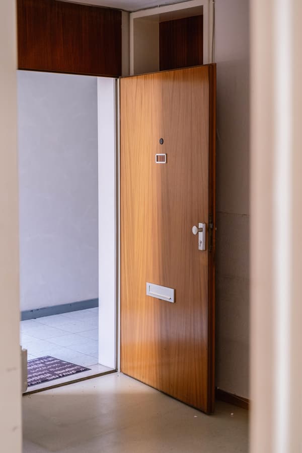 Architectural project - light-filled space, urban dwelling, beige floor, muted palette, subtle details, interior door, wood, timber, contemporary style, neutral tones, functional space, beige, light wood, simple design, Scandinavian style, minimalist design, neutral colors, natural finish, warm wood, natural material, clean lines, white walls, white, Nordic design, cozy vibe, plaster wall, inviting entrance, warm atmosphere, wood grain, minimalist aesthetic, residential space, modern home, hallway, understated elegance, practical design, mid-century modern, wooden door, entryway