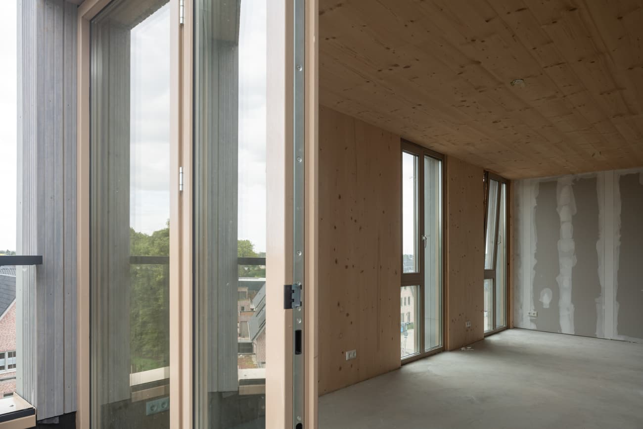 Architectural project - modern apartment, floor to ceiling windows, flexible space, unfinished wall, wood building, renovation project, natural materials, raw materials, timber frame, natural light, sustainable design, warm tones, eco design, daylight, beige, light wood, engineered wood, simple design, honey wood, contemporary design, Scandinavian style, light brown, neutral palette, minimalist design, timber building, unfinished interior, plywood panels, timber panels, cross laminated timber, green architecture, passive house, large windows, eco friendly home, Nordic style, plaster wall, wood frame, energy efficient, timber ceiling, timber interior, open plan, residential space, bright interior, home design, wood ceiling, soft colors, sustainable living, wood interior, urban view