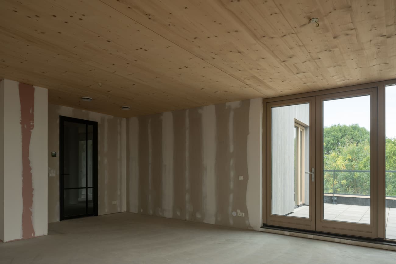 Architectural project - beige walls, modern renovation, transitional space, airy room, balcony view, modern space, renovation space, neutral walls, natural materials, wood, timber, raw materials, natural light, sustainable design, glass, neutral tones, construction phase, under construction, functional space, daylight, beige, concrete, light wood, eco friendly, simple design, minimalist vibe, neutral palette, passive house, contemporary home, clean lines, large windows, indoor outdoor, plaster, timber ceiling, open layout, open plan, bright interior, glass door, plaster walls, wood ceiling, concrete floor, sliding door, minimal space, exposed ceiling
