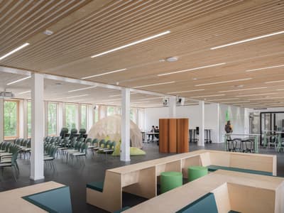 Architectural project - green chairs, spacious, collaborative area, group seating, flexible seating, dome structure, geodesic dome, slatted ceiling, modular furniture, meeting space, wood, timber, natural light, sustainable design, warm tones, eco design, green, neutral tones, exposed beams, daylight, plywood, beige, light wood, eco friendly, modern design, contemporary design, Scandinavian style, casual seating, social space, public space, community center, interactive space, multifunctional, adaptable space, white walls, large windows, white, Nordic style, timber ceiling, inviting interior, open layout, open plan, green design, study area, bright interior, black floor, wood ceiling, educational space, learning center, airy