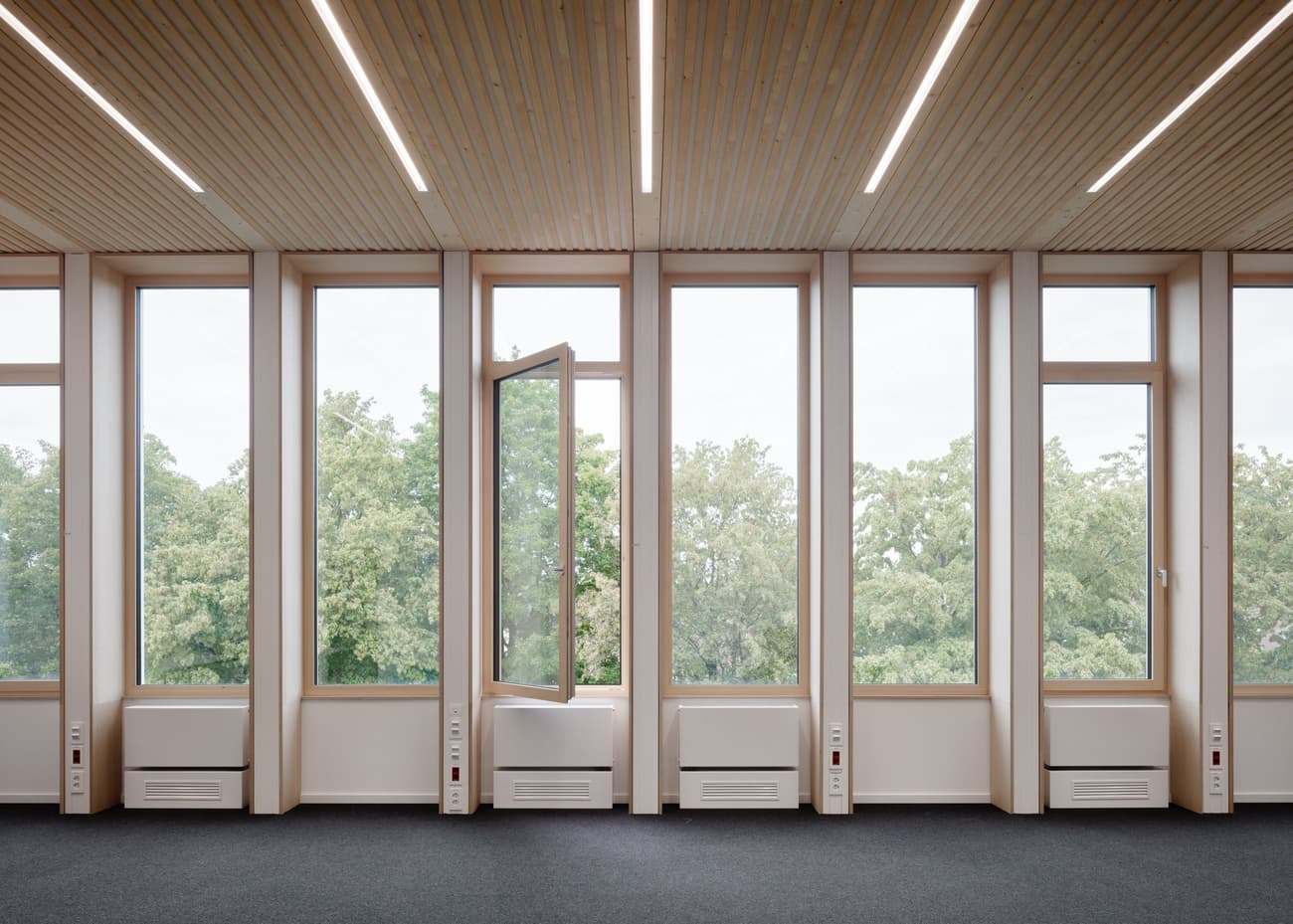 Architectural project - beige walls, flexible space, passive lighting, contemporary office, green view, fluorescent lights, comfortable workspace, ceiling lights, modern office, grey flooring, open office, eco friendly office, work environment, corporate space, professional setting, black carpet, acoustic ceiling, soundproofing, solid wood, natural light, sustainable design, recycled materials, modular design, neutral tones, exposed beams, functional space, daylight, light wood, low carbon design, Scandinavian style, neutral palette, minimalist design, eco materials, soft textures, clean lines, white walls, large windows, window wall, outdoor view, energy efficient, timber ceiling, bright interior, sleek design, nordic influence, wood ceiling, airy atmosphere, glass facade, office space