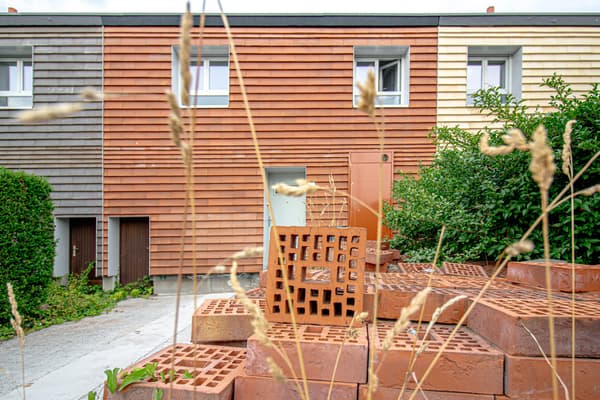 Architectural project - grass, vibrant color, horizontal lines, plants, terracotta blocks, residential landscape, natural materials, sustainable materials, timber, outdoor space, sustainable design, recycled materials, warm tones, modular design, contemporary style, beige, brown, low carbon design, eco friendly, facade detail, orange, circular construction, earth tones, biophilic design, passive house, modern facade, timber cladding, exterior texture, brick, brick facade, greenery, garden view, earthy palette, inviting exterior, residential building, textured facade, warm exterior, facade rhythm, urban garden, townhouse, urban living, urban housing, modern residential