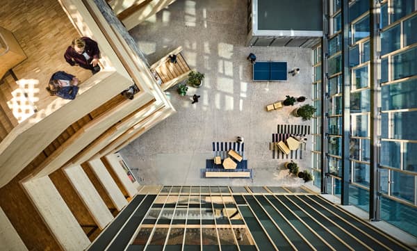 Architectural project - blue accents, social area, informal meeting, office building, bird's eye view, wood elements, architectural design, interior view, eco-friendly design, timber, steel, natural light, inviting atmosphere, sustainable design, glass, warm tones, community space, neutral tones, daylight, beige, concrete, light wood, honey wood, contemporary design, industrial touch, Scandinavian style, casual seating, public space, gathering area, geometric design, timber elements, cozy vibe, Nordic style, open plan, glass walls, timber flooring, green design, seating area, open space, urban architecture, wood flooring, public building, glass facade, indoor plants, atrium, structural rhythm