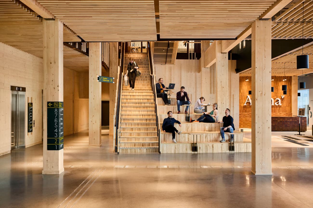 Architectural project - open ceiling, flexible space, collaborative space, polished floor, wooden steps, stepped seating, informal meeting, modern space, slatted ceiling, warm interior, indoor space, natural materials, wood, timber, natural light, inviting atmosphere, glass, warm tones, natural tones, eco design, sustainable architecture, concrete, light wood, honey wood, contemporary design, casual seating, social space, public space, gathering area, community center, social hub, wood panels, timber cladding, minimal aesthetic, Nordic design, timber interior, open plan, green design, Scandinavian design, wood ceiling, concrete floor, open space, interior design, educational space, learning environment, wood interior