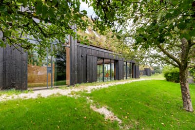 Architectural project - vertical lines, floor to ceiling windows, grass, Scandinavian cabin, eco roof, clover path, black facade, shou sugi ban, grass covered roof, nature views, outdoor path, timber, outdoor space, natural light, outdoor living, sustainable design, glass, natural tones, modular design, green building, sustainable architecture, green, daylight, low carbon design, rustic modern, serene atmosphere, contemporary design, black, eco materials, glass doors, modern rustic, biophilic design, natural ventilation, large windows, timber cladding, eco friendly home, earthy tones, woodland setting, quiet retreat, forest view, landscape design, nature integration, minimalist exterior, passive solar, modern exterior, environmentally conscious, green roof, modern retreat, connection with nature, lawn area, garden space, charred wood