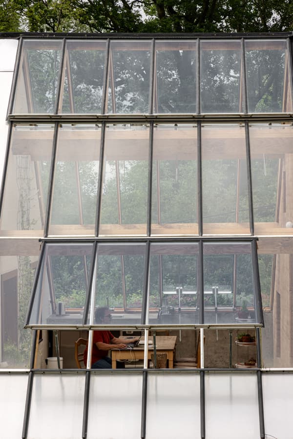 Architectural project - work space, indoor garden, cozy workspace, home workspace, architectural glass, woodland view, wood, timber, metal, timber frame, natural light, sustainable design, glass, natural tones, eco design, innovative design, green, neutral tones, daylight, light wood, functional design, glass panels, modern design, simple design, minimalist style, earth tones, biophilic design, green setting, passive house, light filled, white, modern architecture, large window, wood frame, energy efficient, timber interior, open layout, open plan, inviting space, warm atmosphere, natural environment, garden view, nature integration, home office, bright interior, glass facade, minimalist interior, wood interior