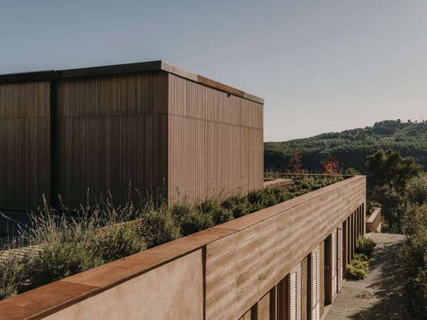Architectural project - linear design, exterior facade, rooftop garden, terracotta tones, hillside building, hillside architecture, natural materials, wood, timber, outdoor space, passive design, sustainable design, warm tones, contemporary architecture, landscape architecture, beige, brown, wood facade, timber facade, exterior design, low carbon design, daylight optimization, natural setting, rural architecture, neutral palette, minimalist design, eco materials, eco building, sustainable building, rammed earth, earth tones, biophilic design, passive house, natural ventilation, nature view, landscape integration, timber cladding, wood cladding, modern architecture, energy efficient, earthy tones, nature-inspired, environmental design, terracotta, biophilic architecture, green design, earthy facade, green roof, contextual architecture, countryside setting, integrated landscape