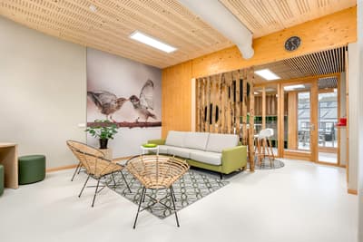 Architectural project - green accents, open ceiling, sustainable space, relaxed environment, cozy lounge, office lounge, break area, modern office, collaborative area, informal meeting, networking space, nature theme, bird mural, large mural, decorative wall, soft seating, modern chairs, rattan chairs, patterned rug, natural materials, soft lighting, wood, timber, fabric, natural light, inviting atmosphere, sustainable design, glass, warm tones, eco design, green, neutral tones, daylight, wooden ceiling, beige, light wood, multifunctional space, eco friendly, honey wood, wood beams, Scandinavian style, casual seating, glass doors, circular design, white, Nordic design, timber interior, open plan, greenery, seating area, comfortable seating, bright space, timber wall, indoor plants, wood interior, geometric rug