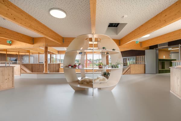 Architectural project - raw aesthetic, welcoming atmosphere, Nordic touch, plants, relaxed environment, wood building, inviting, curved shelving, display unit, centerpiece, spacious, circular element, vibrant, playful, natural materials, soft lighting, wood, timber, warm tones, contemporary style, sustainable architecture, exposed beams, daylight, plywood, gathering space, beige, light wood, natural wood, multifunctional space, eco friendly, modern design, honey wood, minimalist vibe, neutral palette, community center, light tones, timber panels, biophilic design, light filled, wood cladding, cozy nook, timber interior, greenery, Scandinavian design, seating area, bright interior, open space, public building, organic shapes, indoor plants, high ceiling, airy