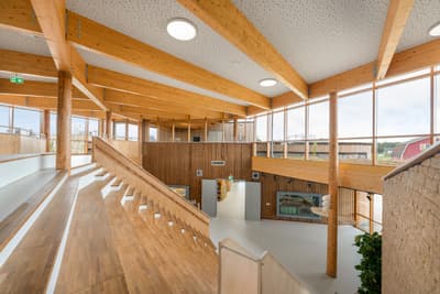 Architectural project - spacious design, amphitheater, stepped seating, acoustic design, structural elegance, modern venue, warm interior, indoor space, wood, timber, natural light, inviting atmosphere, passive design, sustainable design, contemporary style, neutral tones, exposed beams, timber structure, daylight, plywood, gathering space, beige, brown, light wood, engineered wood, multifunctional space, eco friendly, honey wood, wood beams, Scandinavian style, social space, community hub, community center, eco building, wood structure, circular design, natural ventilation, light filled, timber cladding, wood cladding, white, modern architecture, Nordic style, timber ceiling, open plan, green design, bright interior, open space, educational space, public building, welcoming space, wooden walls