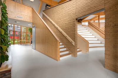 Architectural project - brick wall, exposed brick, timber stairs, white steps, curved railing, natural materials, architectural design, wood, timber, natural light, inviting atmosphere, sustainable design, community space, contemporary style, daylight, beige, light wood, eco friendly, honey wood, Scandinavian style, eco materials, gathering area, social hub, eco building, biophilic design, passive house, natural ventilation, clean lines, white, Nordic design, modern architecture, energy efficient, wooden interior, airy space, timber interior, open layout, open plan, earthy tones, brick, warm vibe, green design, minimalist space, bright interior, wooden stairs, educational building, public building, learning environment, school interior, indoor plants, stairwell, circulation space