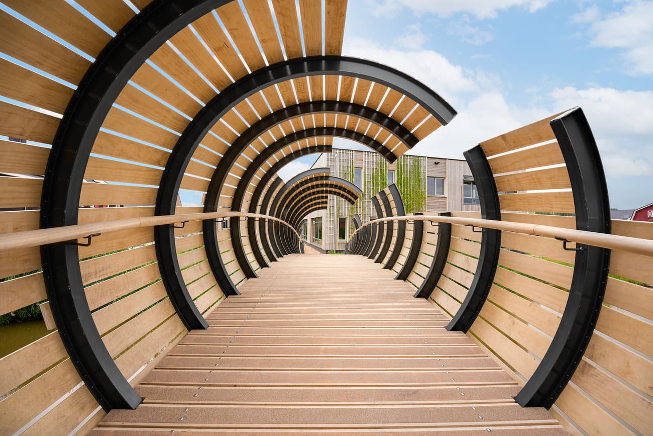 Architectural project - architectural statement, green construction, metal accents, green elements, timber walkway, pedestrian path, outdoor experience, wooden bridge, timber bridge, curved architecture, arc design, contemporary bridge, walkway, pedestrian bridge, black metal, bridge pathway, visual impact, scenic route, eco-friendly design, wood, steel, cityscape, outdoor space, sustainable design, urban landscape, innovative design, beige, brown, architectural elements, structural design, exterior design, light wood, modern design, open structure, natural setting, eco structure, outdoor structure, honey wood, industrial touch, black, light tones, circular design, landscape integration, modern architecture, inviting space, eco architecture, architectural rhythm, environment friendly