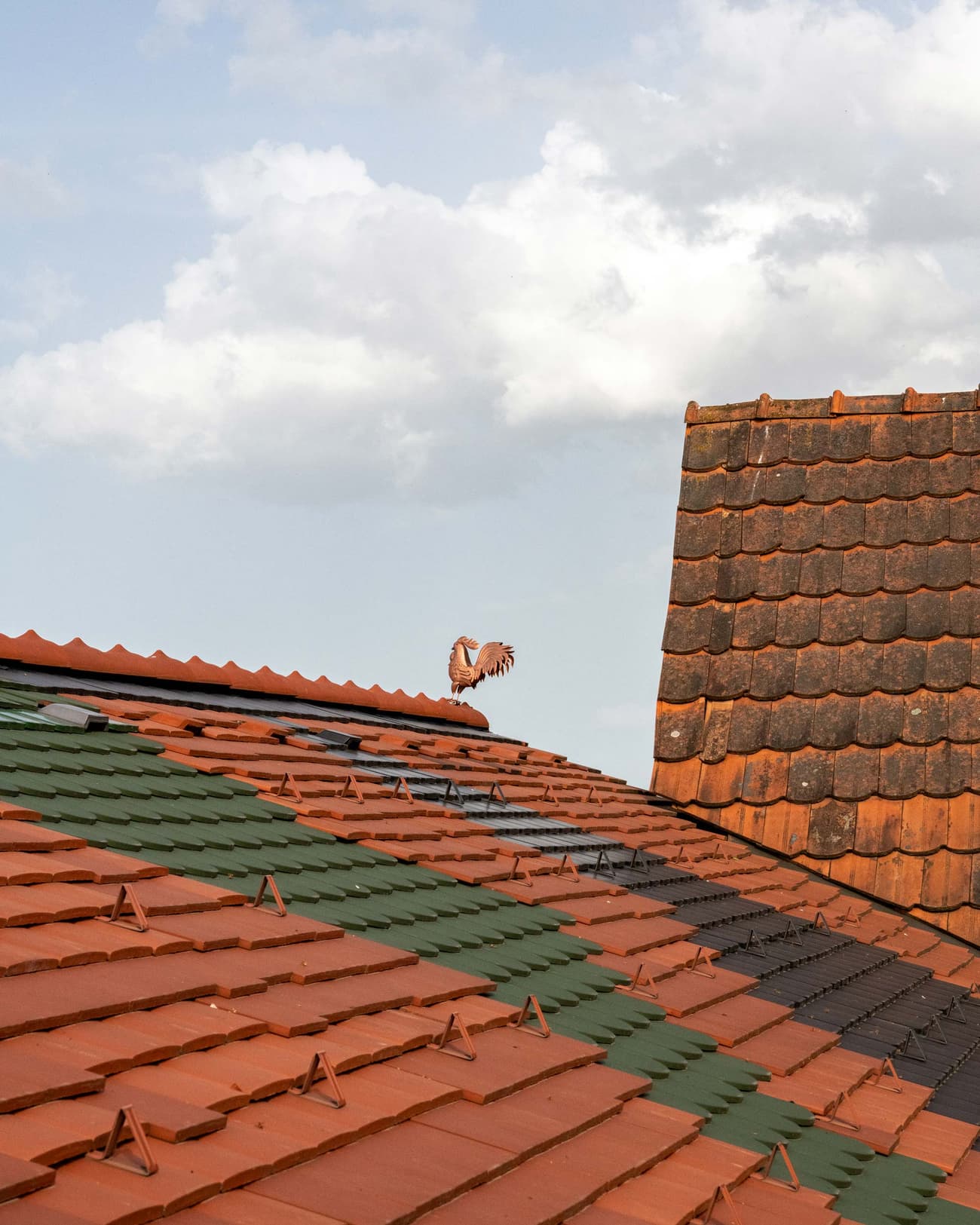Architectural project - green accents, sky, clouds, cottage vibe, vintage style, tiled roof, exterior architecture, terracotta roof, traditional roof, roofscape, classic home, roof pattern, heritage style, European architecture, natural materials, eco-friendly design, sustainable materials, warm tones, roof design, natural setting, rustic roof, farmhouse style, eco materials, earthy tones, clay, pitched roof, rural style, traditional design, terracotta, outdoor architecture, countryside house, textured facade, sky view, facade texture, aerial view, clay tiles