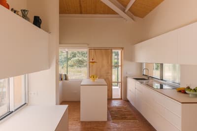 Architectural project - residential kitchen, nature-inspired design, built-in cabinets, compact layout, white kitchen, white cabinets, simple kitchen, basic shelves, sleek island, greenery views, homey kitchen, kitchen workspace, eco-friendly design, sustainable materials, wood, timber, natural light, warm tones, contemporary style, exposed beams, daylight, beige, modern design, Scandinavian influence, timber floor, neutral palette, wood floor, clean lines, large windows, white, Nordic style, timber ceiling, open shelves, inviting space, garden view, glass windows, minimalist kitchen, modern kitchen, kitchen island, bright space, wood ceiling, cozy home, small kitchen, functional kitchen, practical design, textured rug, indoor plants, colorful rug