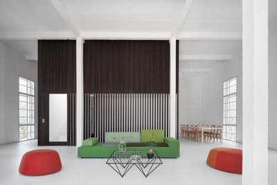 Architectural project - industrial loft, feature wall, vibrant accents, loft living, white beams, city apartment, colorful furniture, stylish home, white space, green sofa, modular sofa, wireframe table, wooden dining set, sculptural seating, pouf seating, tall windows, contrast colors, architectural beams, dark paneling, space planning, white floor, minimal design, eco-friendly design, wood, metal, natural light, glass, warm tones, green, neutral tones, daylight, industrial vibe, modern design, black, structural beams, clean lines, large windows, white, Nordic style, open plan, Scandinavian design, sleek design, bright space, simple decor, cozy home, vertical slats, geometric table, minimalist interior, contemporary living, high ceiling, urban living, red, light flooring