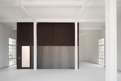 Architectural project - linear design, floor to ceiling windows, industrial loft, airy interior, modern loft, loft space, white interior, modernist touch, monochrome palette, spacious room, white beams, dark brown, minimalistic vibe, sleek aesthetic, blank canvas, studio space, wood, timber, natural light, warm tones, exposed structure, neutral tones, Scandinavian influence, contemporary design, neutral palette, minimalist design, black, creative space, clean lines, light filled, large windows, wood cladding, white, architectural details, open plan, open space, vertical slats, dark wood, versatile space, high ceiling, double height, urban style