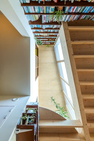 Architectural project - wood wall, indoor greenery, loft style, bookshelf, wooden steps, library, wood nook, wall shelves, comfortable corner, inviting nook, natural materials, wood, timber, natural light, sustainable design, glass, natural tones, eco design, daylight, beige, light wood, eco friendly, Scandinavian style, relaxation, cozy space, Nordic design, large window, beige tones, timber interior, open layout, minimalist decor, green home, cozy corner, greenery, tranquil atmosphere, warm vibe, reading nook, study area, reading area, home library, residential space, modern home, wooden staircase, learning space, timber wall, skylight, indoor plants, wood interior, vertical garden