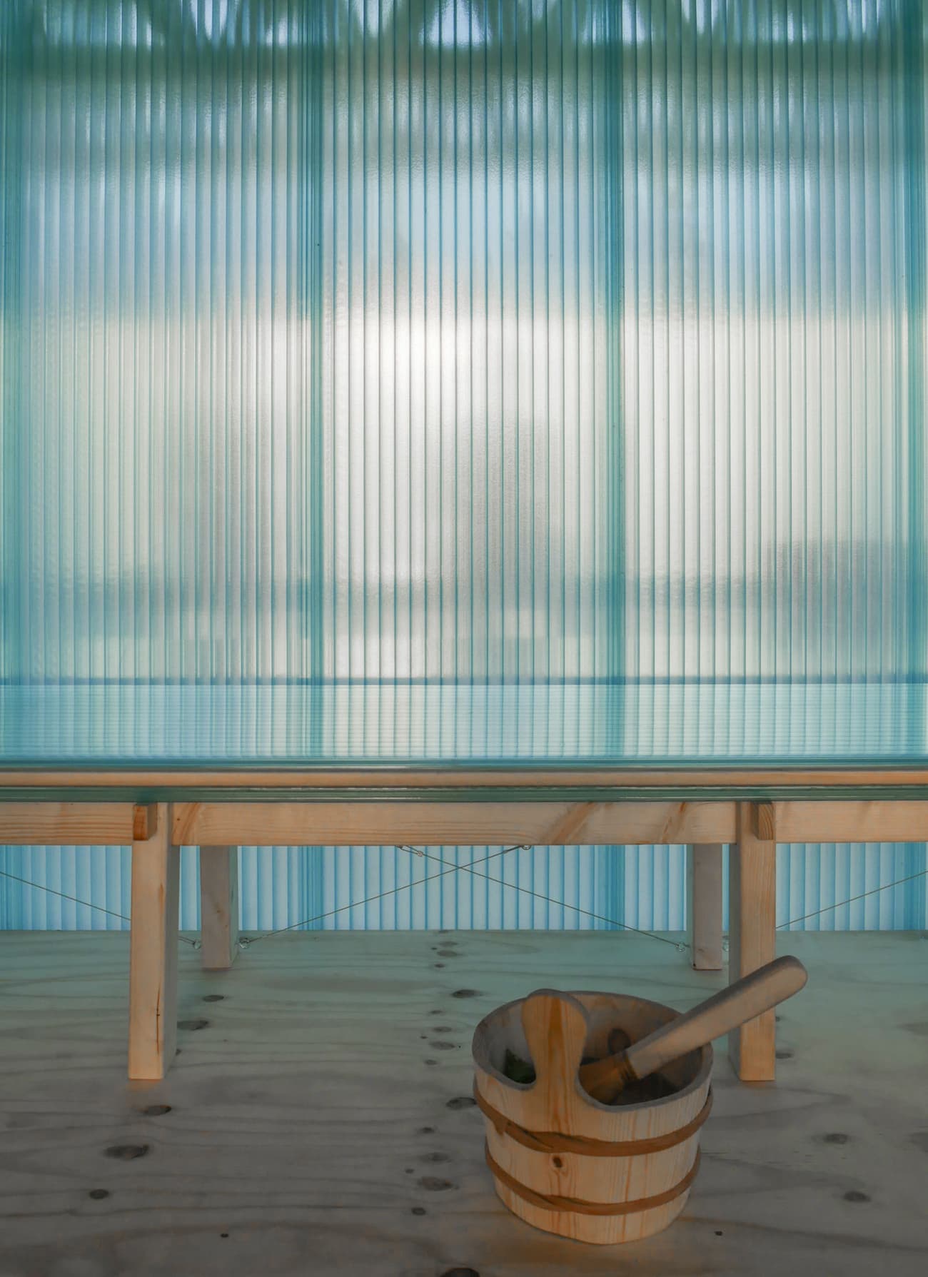 Architectural project - sauna, relaxation space, spa design, spa retreat, wooden bench, relaxation zone, soft lighting, tranquil space, eco-friendly design, sustainable materials, health and wellness, wood, timber, natural light, privacy screen, natural tones, beige, light wood, natural wood, spa environment, wooden floor, minimalist design, translucent wall, serene space, wellness area, rejuvenation space, calming environment, contemporary sauna, modern spa, eco spa, timber bench, peaceful ambiance, rejuvenating atmosphere, soothing tones, spa interior, hygienic design, wooden pail, spa accessories, pale blue, neutral colors, glass effect, passive cooling, eco materials