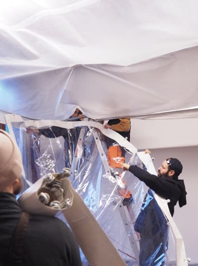 Architectural project - clear, structural art, industrial look, art installation, art space, modern art, minimalist art, fabric, plastic, industrial aesthetic, beige, temporary installation, creative space, white, innovative materials