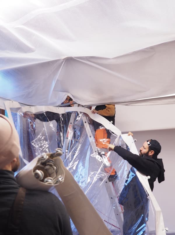 Architectural project - clear, structural art, industrial look, art installation, art space, modern art, minimalist art, fabric, plastic, industrial aesthetic, beige, temporary installation, creative space, white, innovative materials