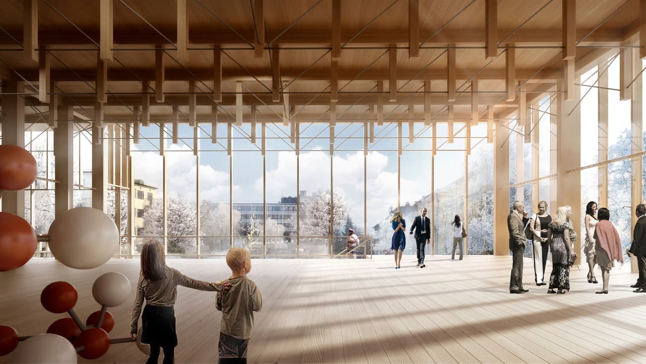 Architectural project - floor to ceiling windows, open ceiling, public gathering, airy interior, cultural venue, natural materials, architectural design, timber, cityscape, natural light, sustainable design, glass, warm tones, neutral tones, exposed beams, daylight, beige, light wood, multifunctional space, eco friendly, minimalist style, public space, event venue, Nordic inspiration, light filled, large windows, modern architecture, timber ceiling, glass walls, panoramic view, inviting space, social gathering, warm atmosphere, timber flooring, Scandinavian design, bright space, wood ceiling, open space, wood flooring, timber design, contemporary space, wood interior, urban view