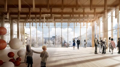 Architectural project - floor to ceiling windows, open ceiling, public gathering, airy interior, cultural venue, natural materials, architectural design, timber, cityscape, natural light, sustainable design, glass, warm tones, neutral tones, exposed beams, daylight, beige, light wood, multifunctional space, eco friendly, minimalist style, public space, event venue, Nordic inspiration, light filled, large windows, modern architecture, timber ceiling, glass walls, panoramic view, inviting space, social gathering, warm atmosphere, timber flooring, Scandinavian design, bright space, wood ceiling, open space, wood flooring, timber design, contemporary space, wood interior, urban view