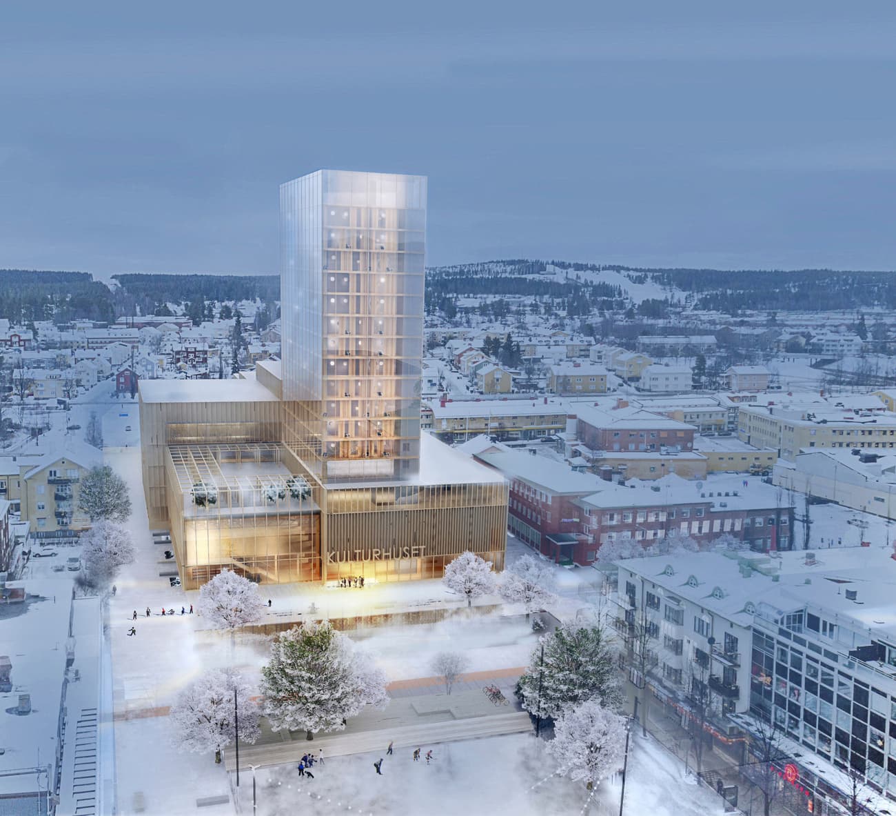 Architectural project - vertical lines, rooftop garden, urban renewal, mixed-use space, transparent facade, urban integration, city view, meeting space, pedestrian zone, timber, city backdrop, metal, sustainable design, glass, community space, urban landscape, grey, neutral tones, timber structure, urban development, urban environment, public area, urban planning, low carbon design, daylight optimization, eco friendly, contemporary design, eco building, geometric design, white, modern architecture, Scandinavian design, public building, glass facade, Nordic architecture