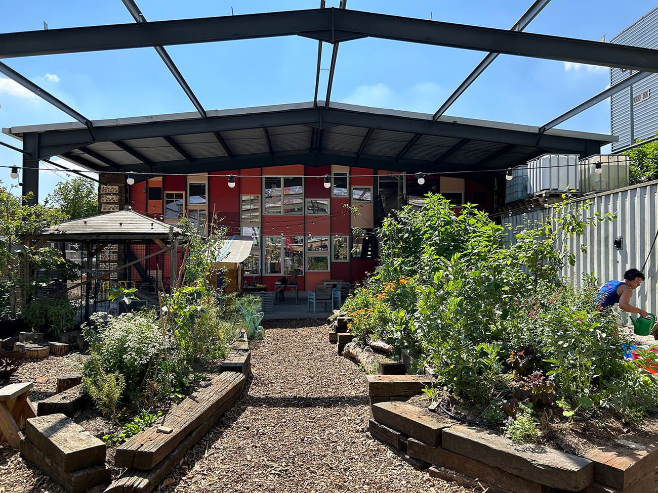 Architectural project - garden venue, green oasis, red wall, vibrant color, raised planters, native plants, public venue, city escape, casual vibes, wooden benches, air circulation, active space, colorful facade, urban farming, community garden, garden beds, relaxation space, natural materials, wood, steel, metal, passive design, sustainable design, glass, warm tones, eco design, community space, outdoor area, green, neutral tones, daylight, industrial vibe, recreational area, beige, brown, industrial elements, eco friendly, sunlight, leisure space, open concept, social space, gathering area, outdoor seating, steel structure, modern rustic, biophilic design, metal roof, inviting space, environmental design, nature retreat, tranquil atmosphere, open air, glass windows, lush greenery, educational space, urban garden, red