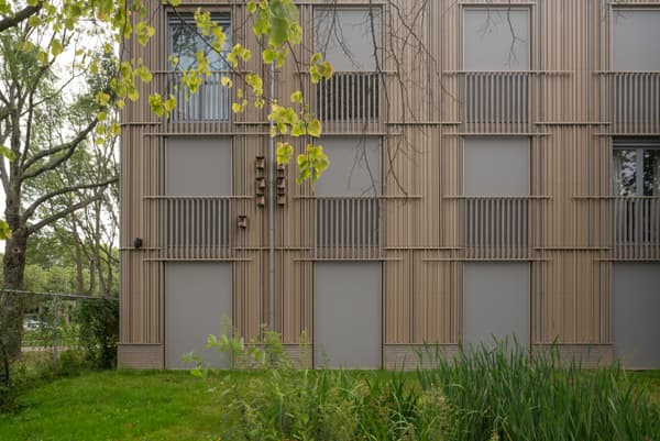 Architectural project - vertical rhythm, facade, beige facade, smooth texture, natural elements, slatted facade, building exterior, taupe, eco-friendly design, wood, timber, outdoor space, passive design, glass, eco design, contemporary architecture, exterior design, architectural facade, low carbon design, daylight optimization, modern design, urban oasis, peaceful setting, minimalist style, light brown, neutral palette, sustainable building, natural landscape, natural ventilation, modern facade, energy efficient design, architectural details, earthy tones, greenery, garden view, residential building, sleek design, calm atmosphere, green surroundings, vertical slats, soft colors, apartment building, muted tones, exterior cladding, city dwelling, urban living