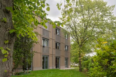 Architectural project - urban dwelling, minimal style, green tones, multi-family housing, natural materials, wood, timber, passive design, glass, modular design, green, landscape architecture, beige, brown, wood facade, timber facade, low carbon design, daylight optimization, urban oasis, contemporary design, eco building, sustainable building, circular construction, green architecture, biophilic design, residential development, passive house, natural ventilation, simple elegance, eco friendly home, modern architecture, energy efficient, inviting space, environmental architecture, nature integration, serene setting, wooden cladding, residential building, sustainable facade, warm exterior, facade design, vertical slats, apartment building, brown tones, garden space, outdoor greenery